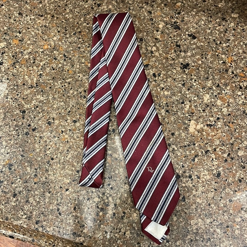 Christian Dior Men’s Necktie Diagonal Stripe Burgundy Gray Black Logo Tie